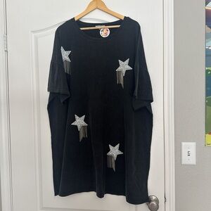 Black T-Shirt with Silver Star Accents